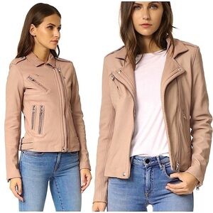 AMARYLLIS Beige Leather Heavyweight Zippered Slim Moto Biker Motorcycle Jacket S